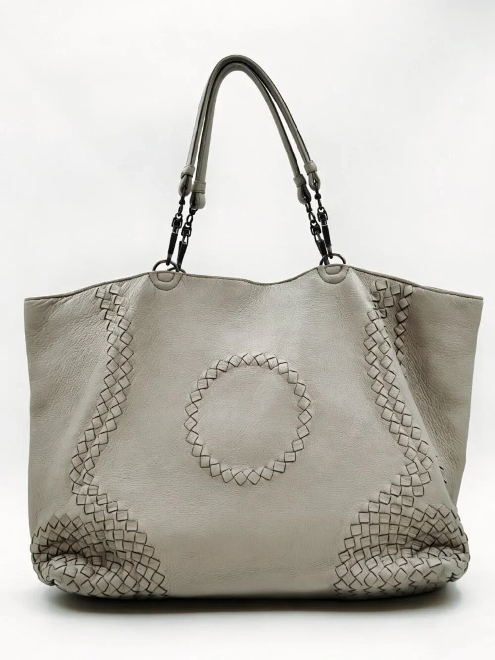 Bottega Veneta Large Leather Tote Bag Gray Intrecciato Shoulder Bag Italy